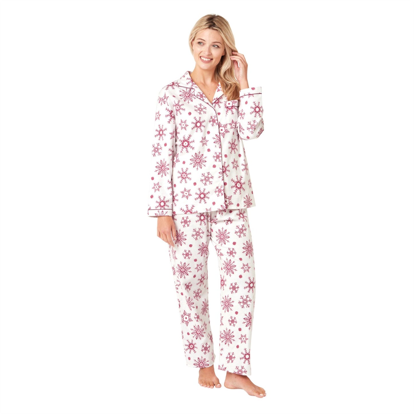 Indigo Sky Womens Snowflake Brushed Cotton Pyjama Set - Rose Wine