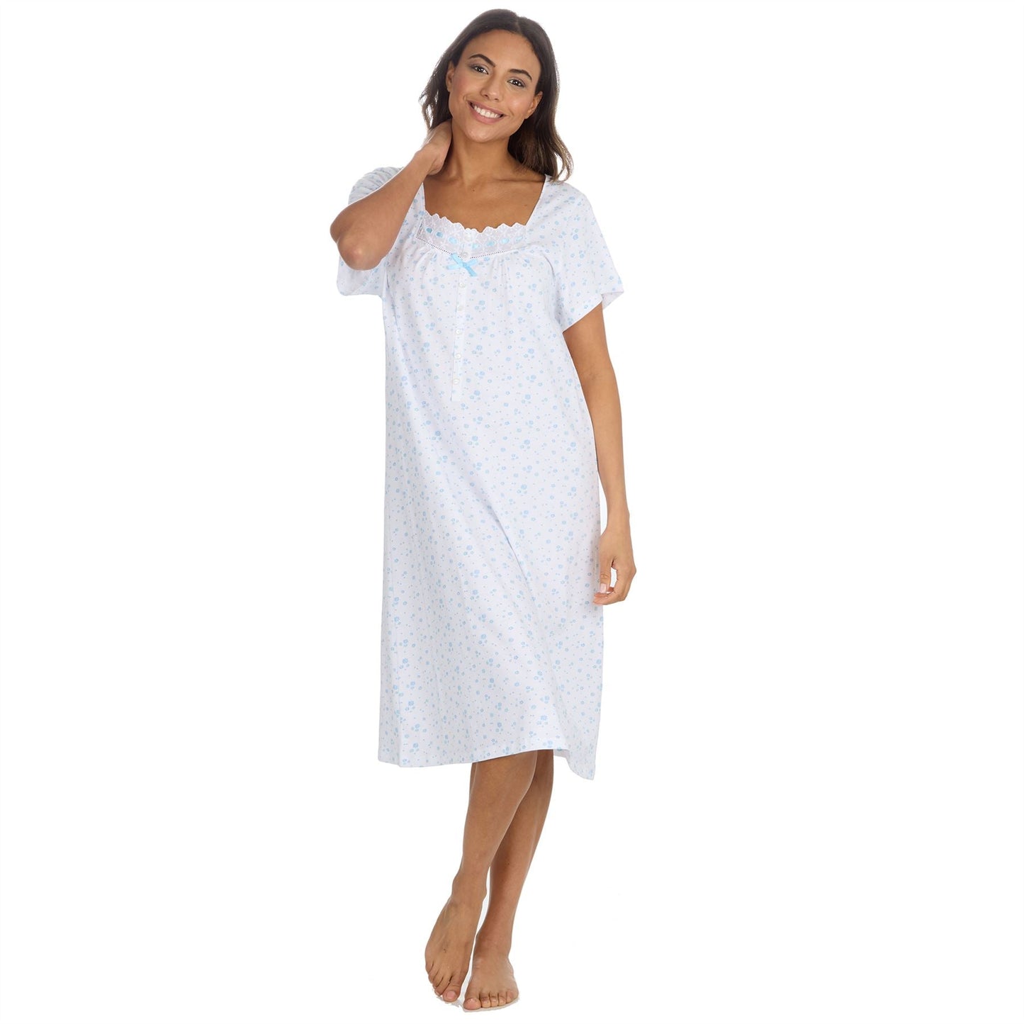 Cottonique Short Sleeve Floral Nightdress - White/Blue Cottonique