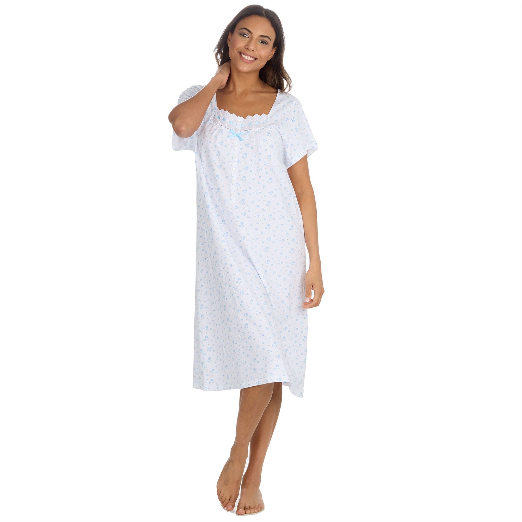 Cottonique Short Sleeve Floral Nightdress - White/Blue Cottonique