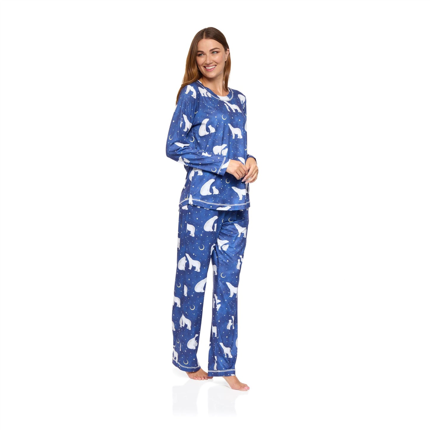 La Marquise Womens Jersey Knit Polar Bear Pyjamas - Navy