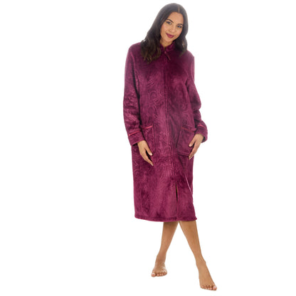 Countess Christie Womens Embossed Fleece Zip Robe - Burgundy