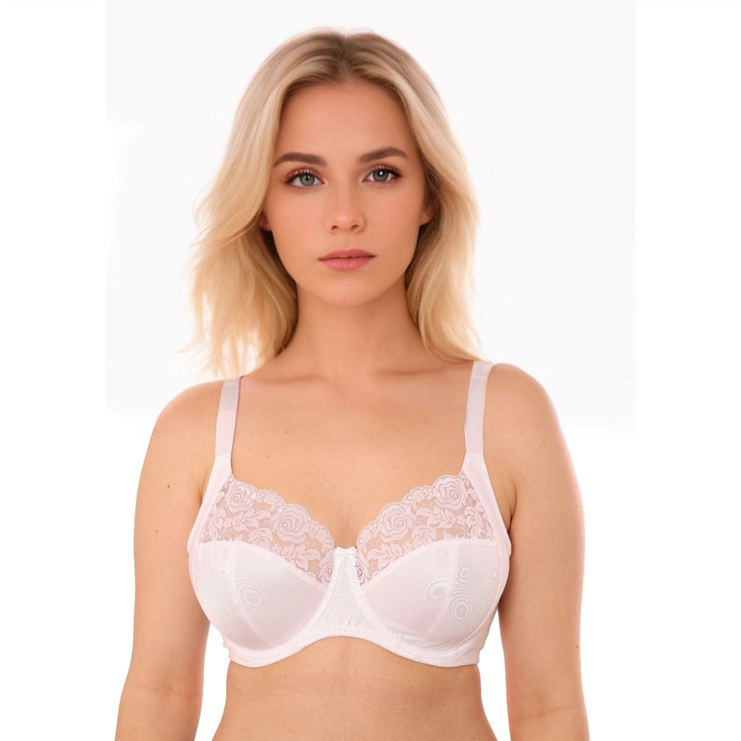 Gemm Full Cup Satin Floral Lace Bra - White