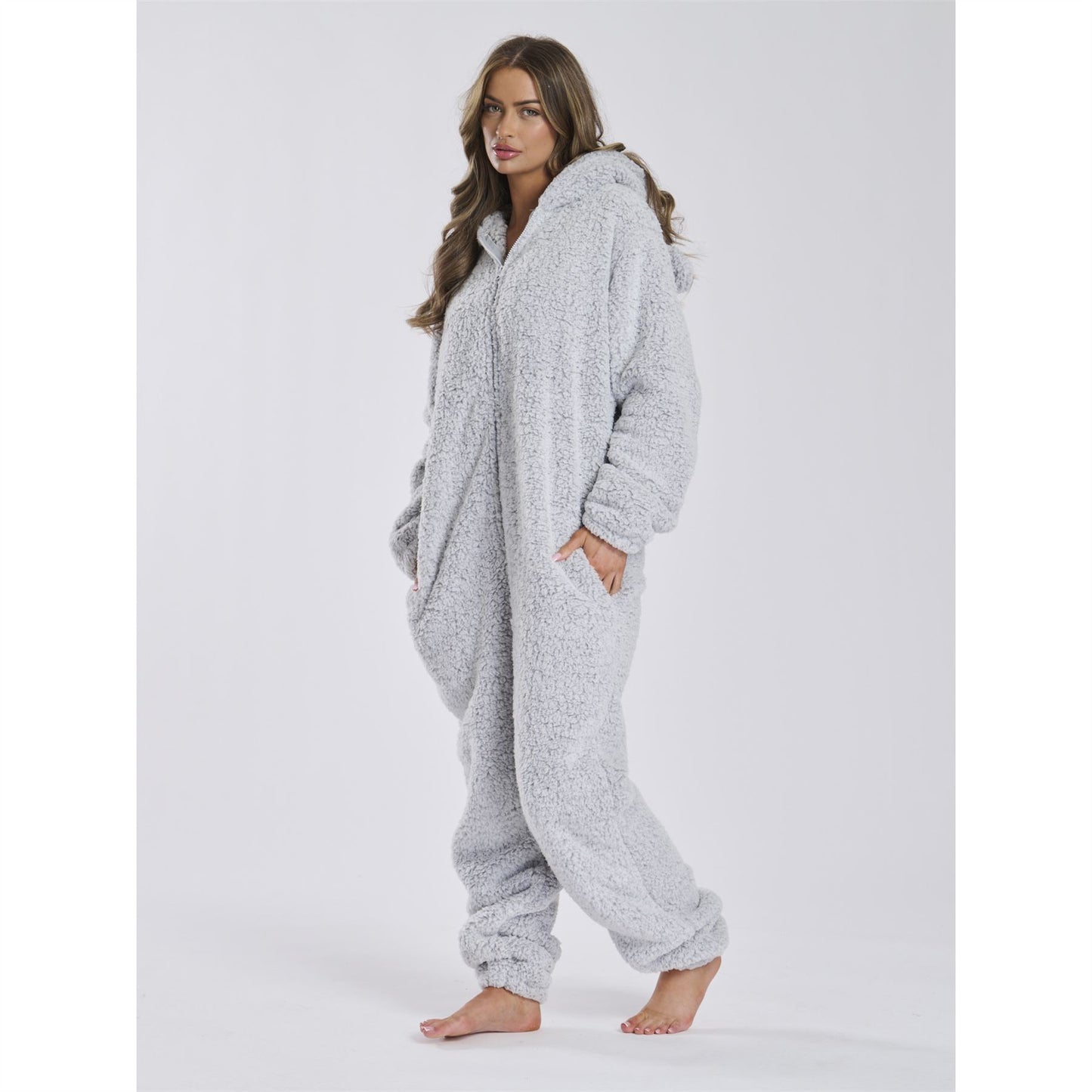 Loungeable Womens Sherpa Fleece Teddy Bear Onesie - Silver