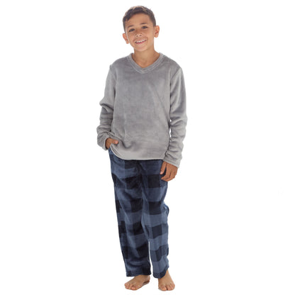 Cargo Bay Kids Fleece Pyjamas - Grey/Navy Check