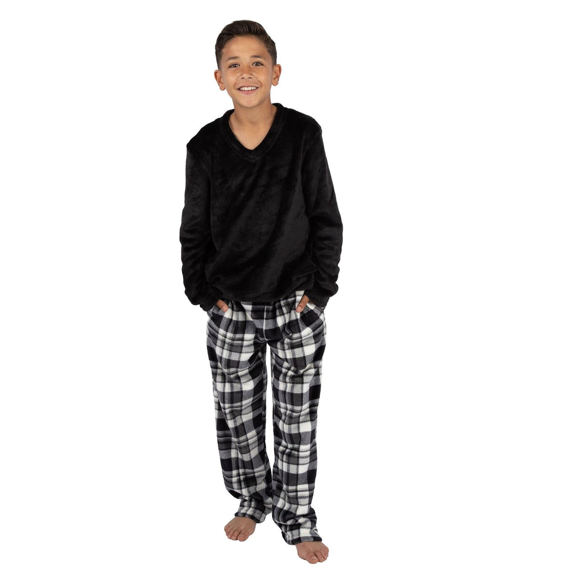 Cargo Bay Kids Fleece Pyjamas - Black Check Cargo Bay