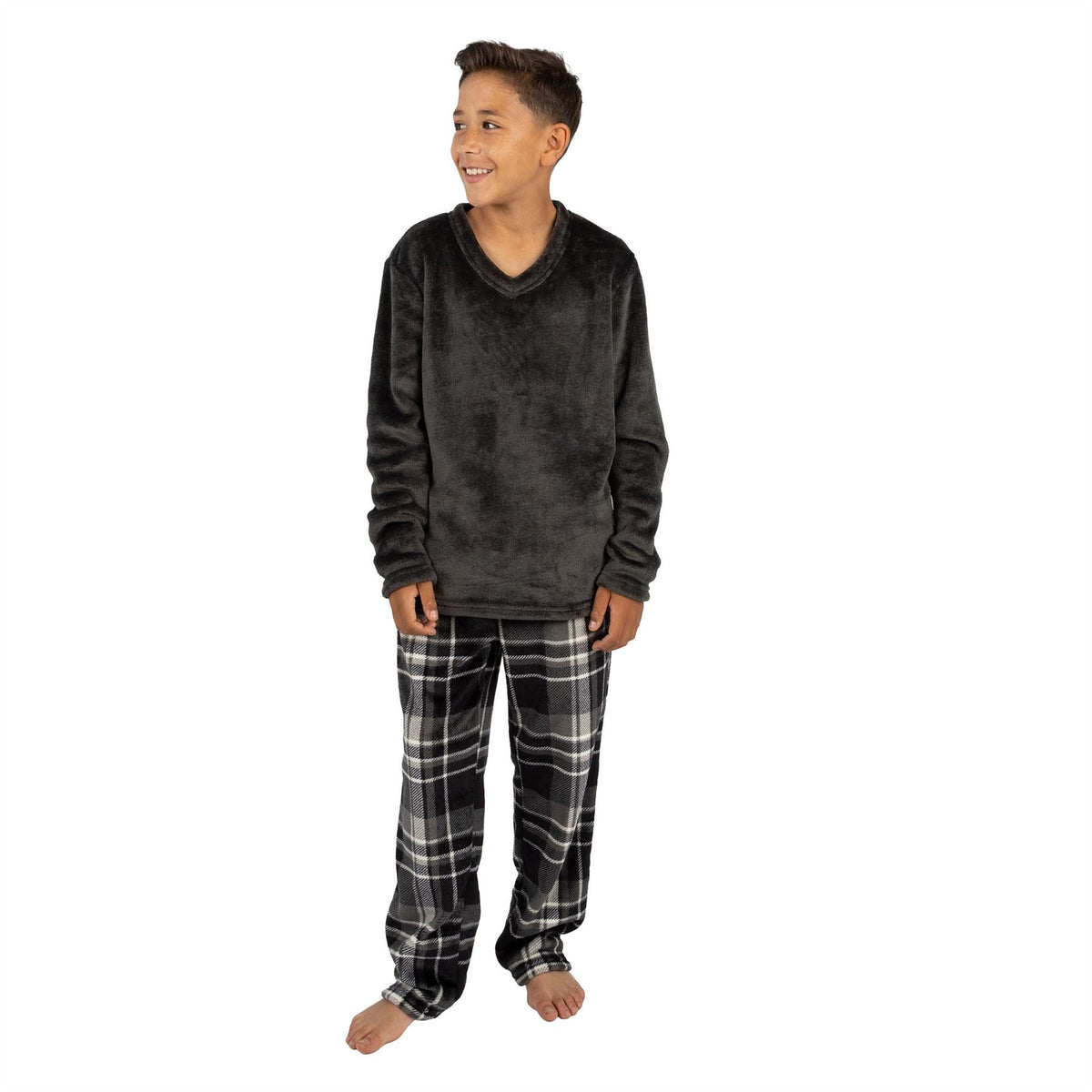 Cargo Bay Kids Fleece Pyjamas - Charcoal Check Cargo Bay