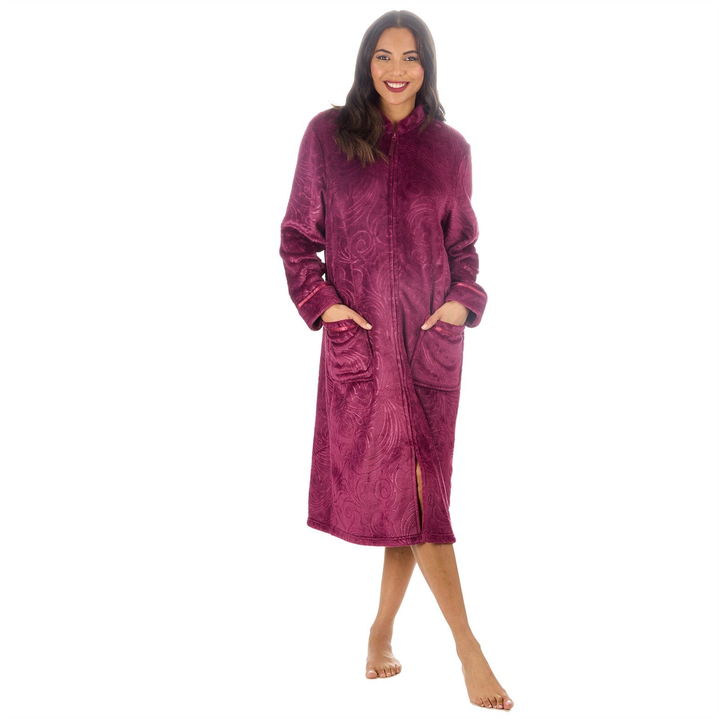 Countess Christie Womens Embossed Fleece Zip Robe - Burgundy