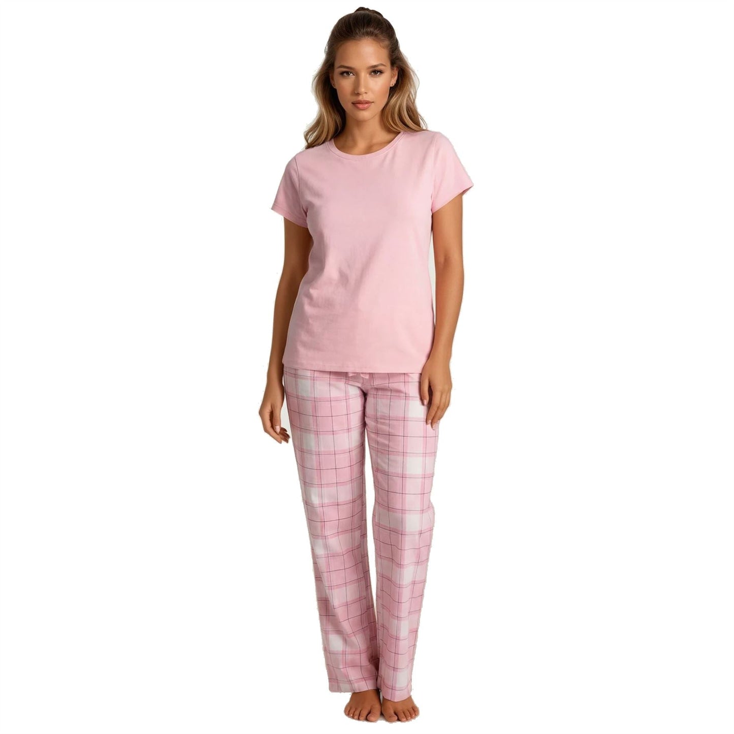 Forever Dreaming Womens T Shirt and Check Pants Pyjamas - Pink Forever Dreaming