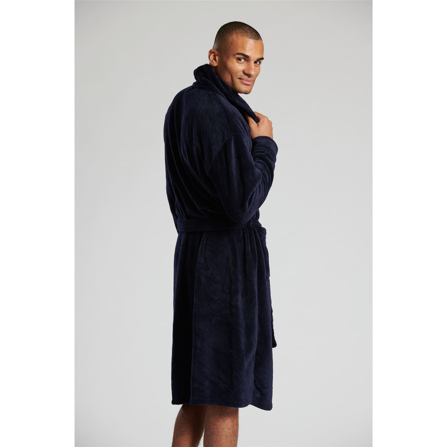 Loungeable Mens Solid Collar Fleece Robe - Navy