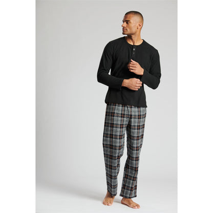 Loungeable Mens Ribbed Fleece/Woven Pyjamas - Black/Grey Check