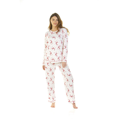 La Marquise Womens Jersey Knit Reindeer Pyjamas - Ivory