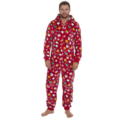 Slumber Party Unisex Christmas Print Flannel Fleece Onesie - Red