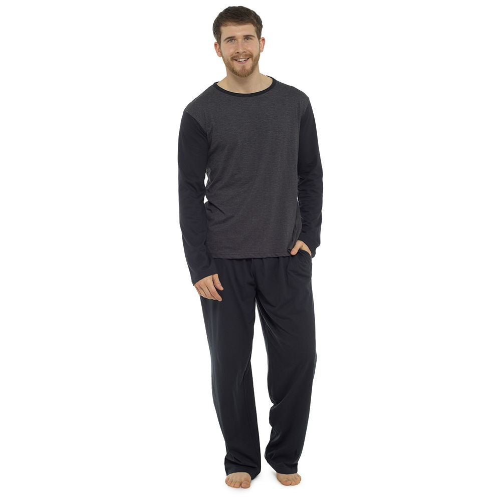 Tom Franks Mens Contrast Long Sleeve Jersey Pyjamas - Black/Grey