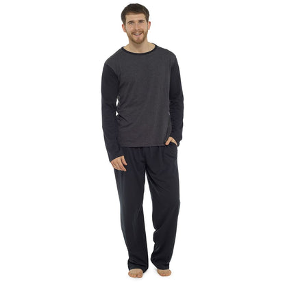 Tom Franks Mens Contrast Long Sleeve Jersey Pyjamas - Black/Grey