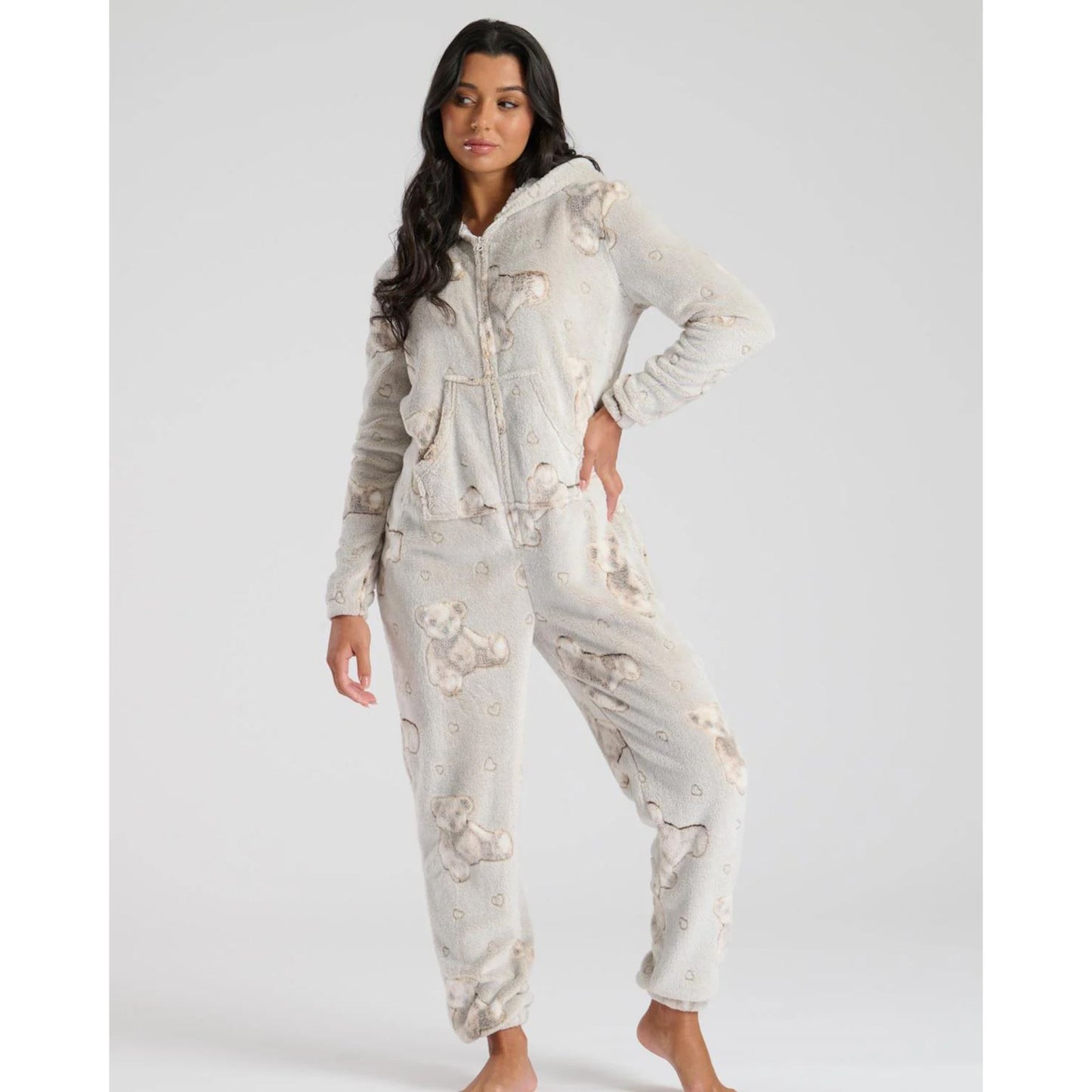 Loungeable Womens Teddy Bear Print Fleece Onesie - Taupe