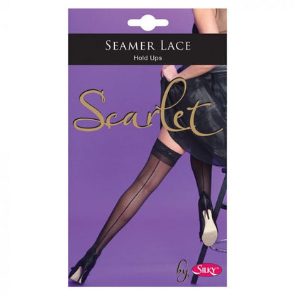 Silky Lace Top Hold Up Seamed Stockings - Black