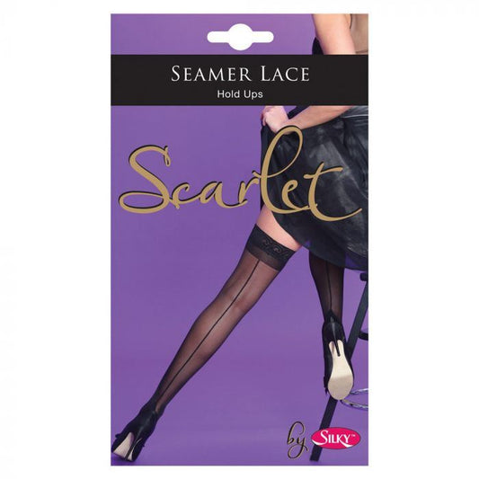 Silky Lace Top Hold Up Seamed Stockings - Black