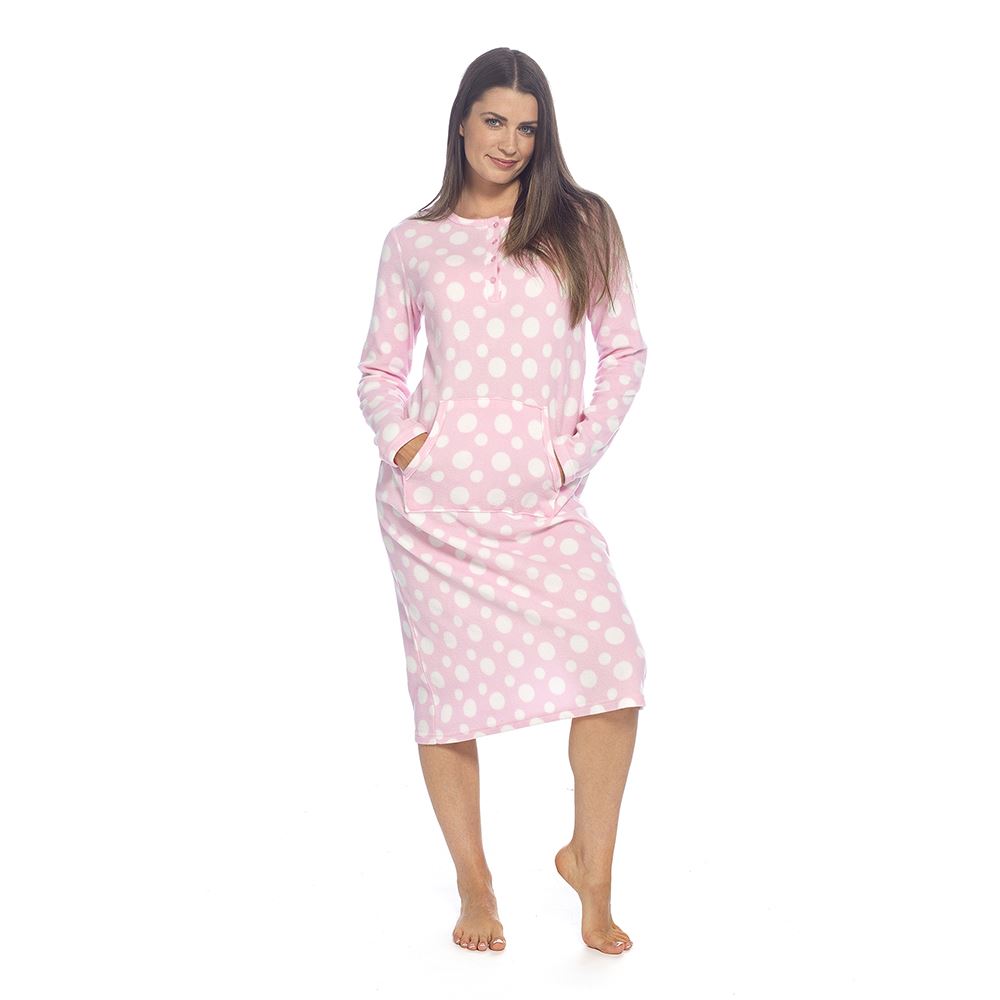 Wolf and Harte Womens Fleece Button Placket Nightdress - Pink Spots