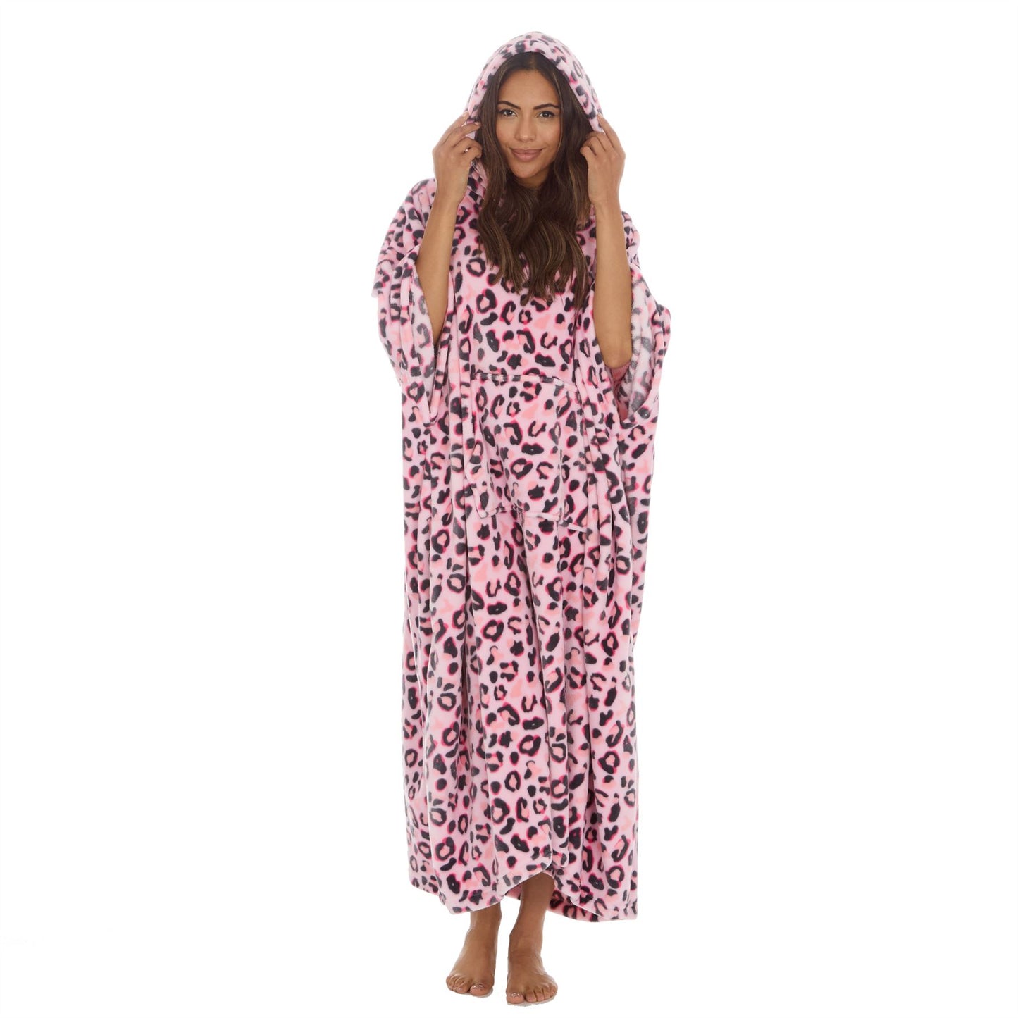 Huggable Hoodie Womens Fleece Oversized Poncho - Pink Leopard