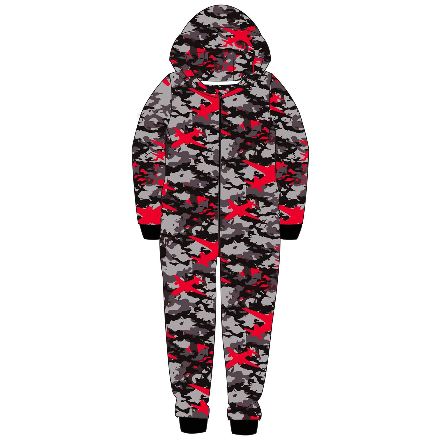 Kids Camo Hooded Fleece Onesie - Grey