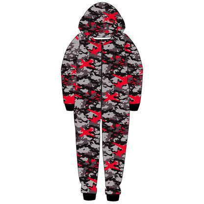 Kids Camo Hooded Fleece Onesie - Grey