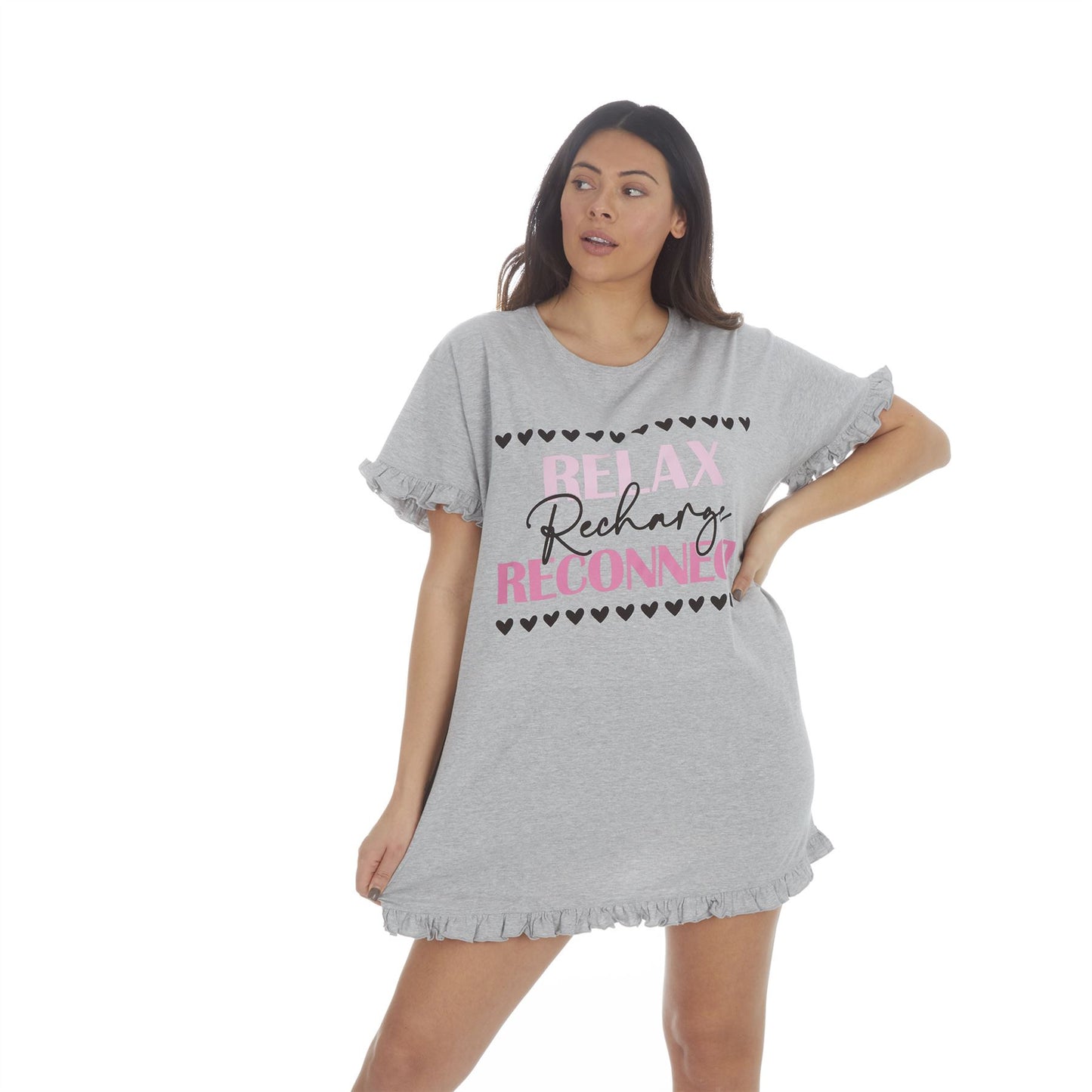 Forever Dreaming Womens 'Relax Recharge Reconnect' Frill Nightdress - Grey