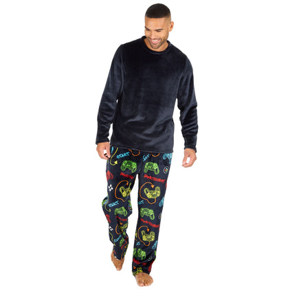 Cargo Bay Mens Fleece Pyjamas - Navy/Gaming Print