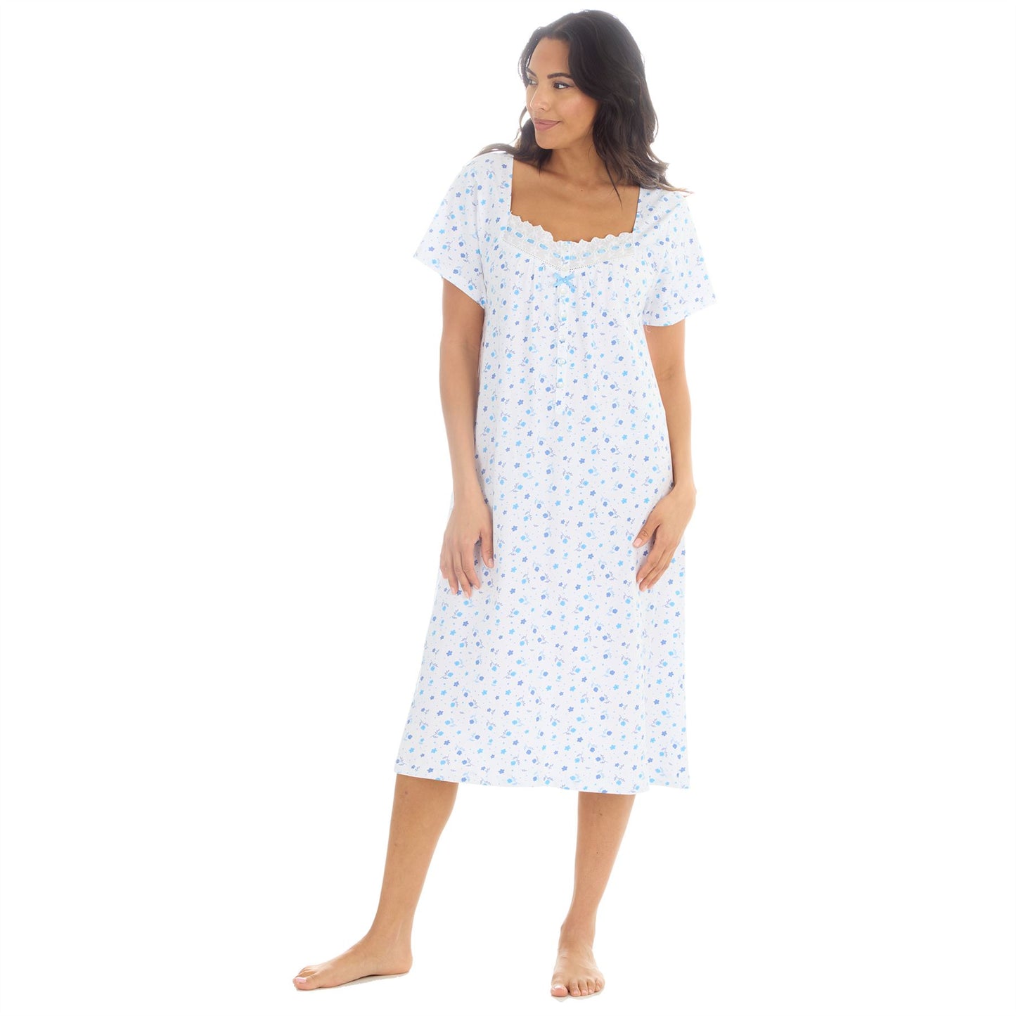 Cottonique Short Sleeve Floral Nightdress - White/Blue