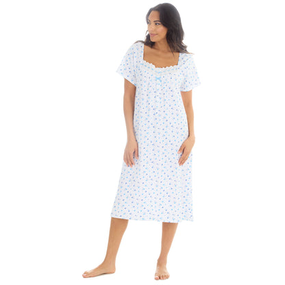 Cottonique Short Sleeve Floral Nightdress - White/Blue