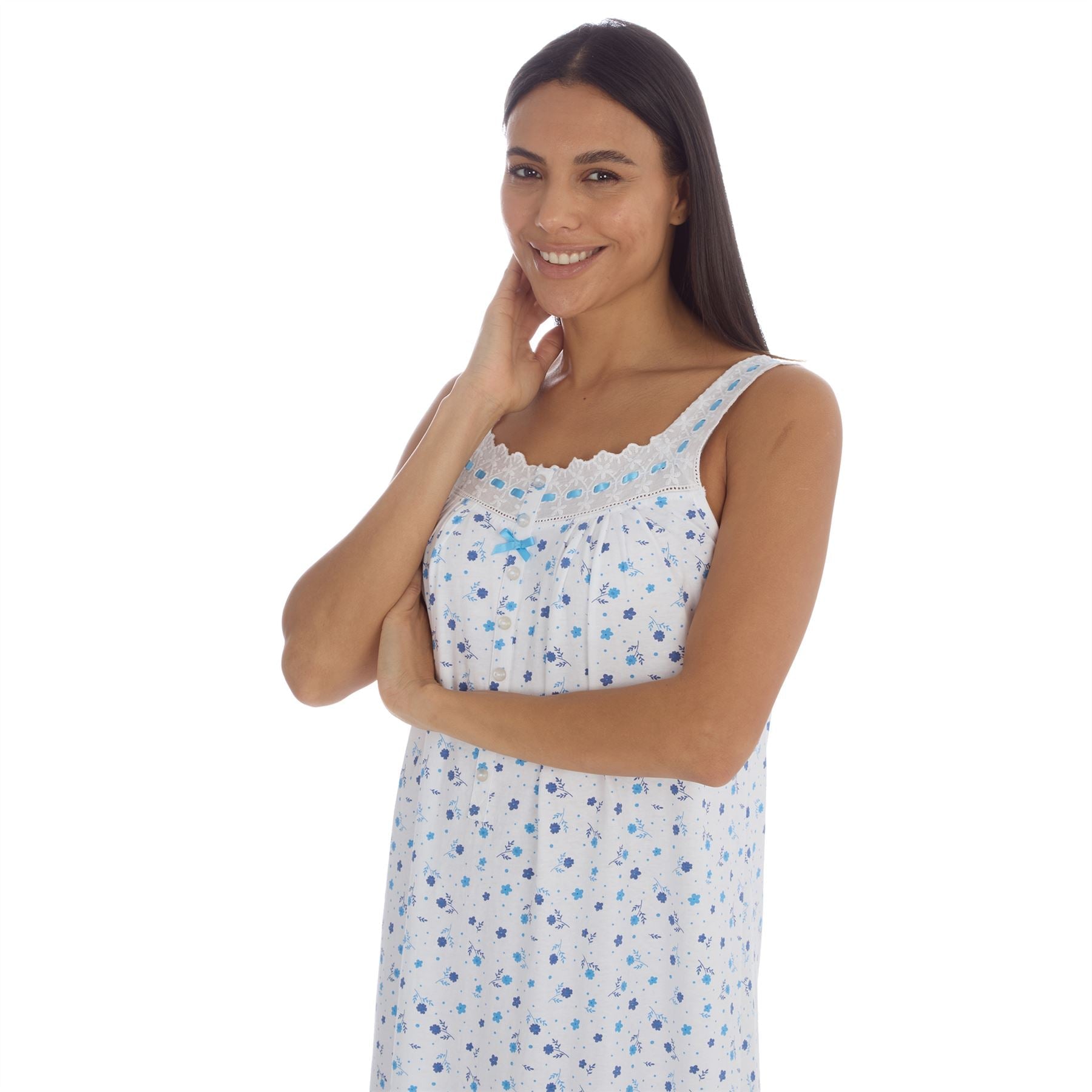 Cottonique Sleeveless Floral Nightdress - White/Blue Cottonique