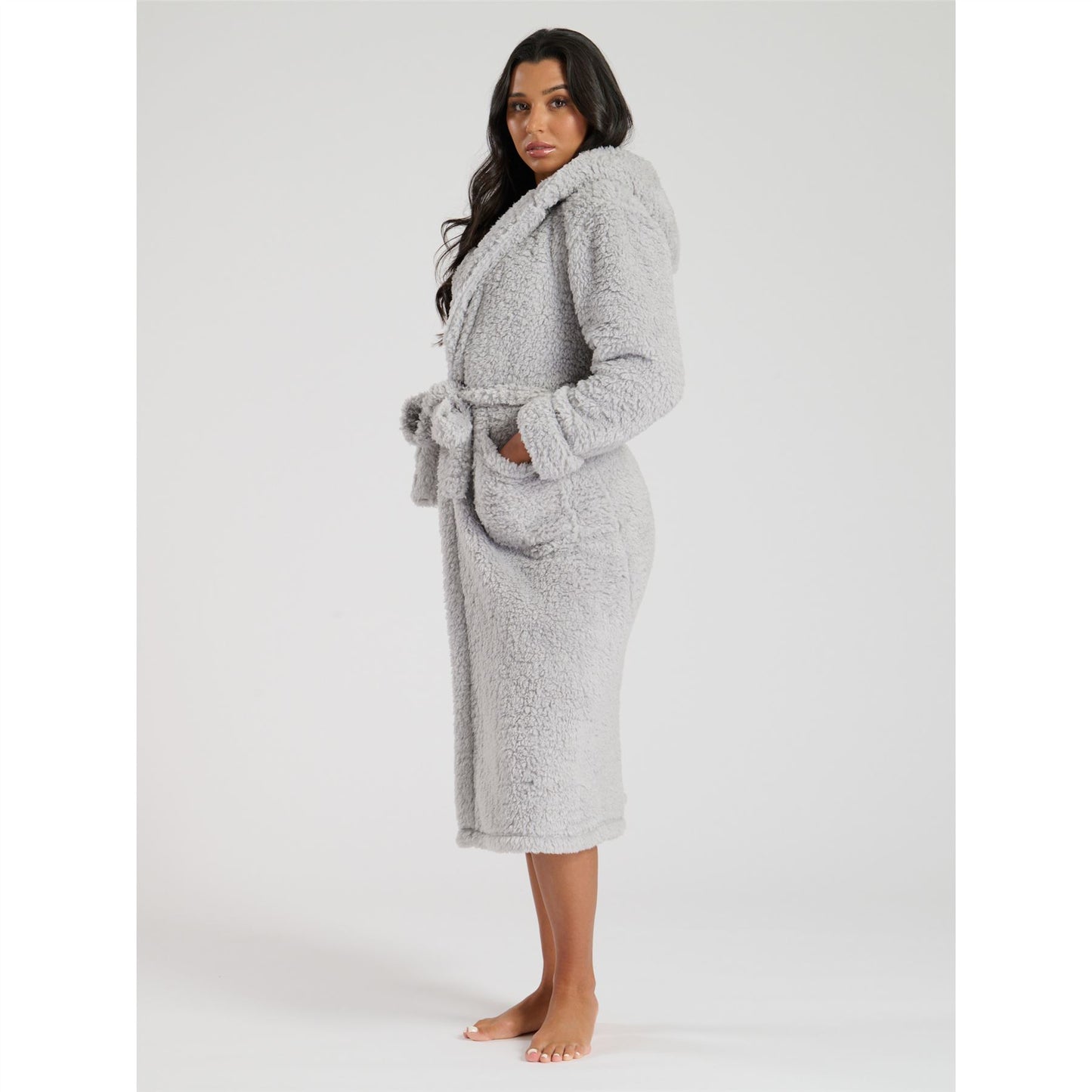 Loungeable Chunky Sherpa Hooded Midi Robe - Grey