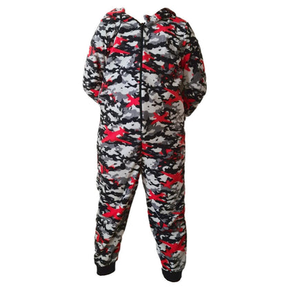 Kids Camo Hooded Fleece Onesie - Grey