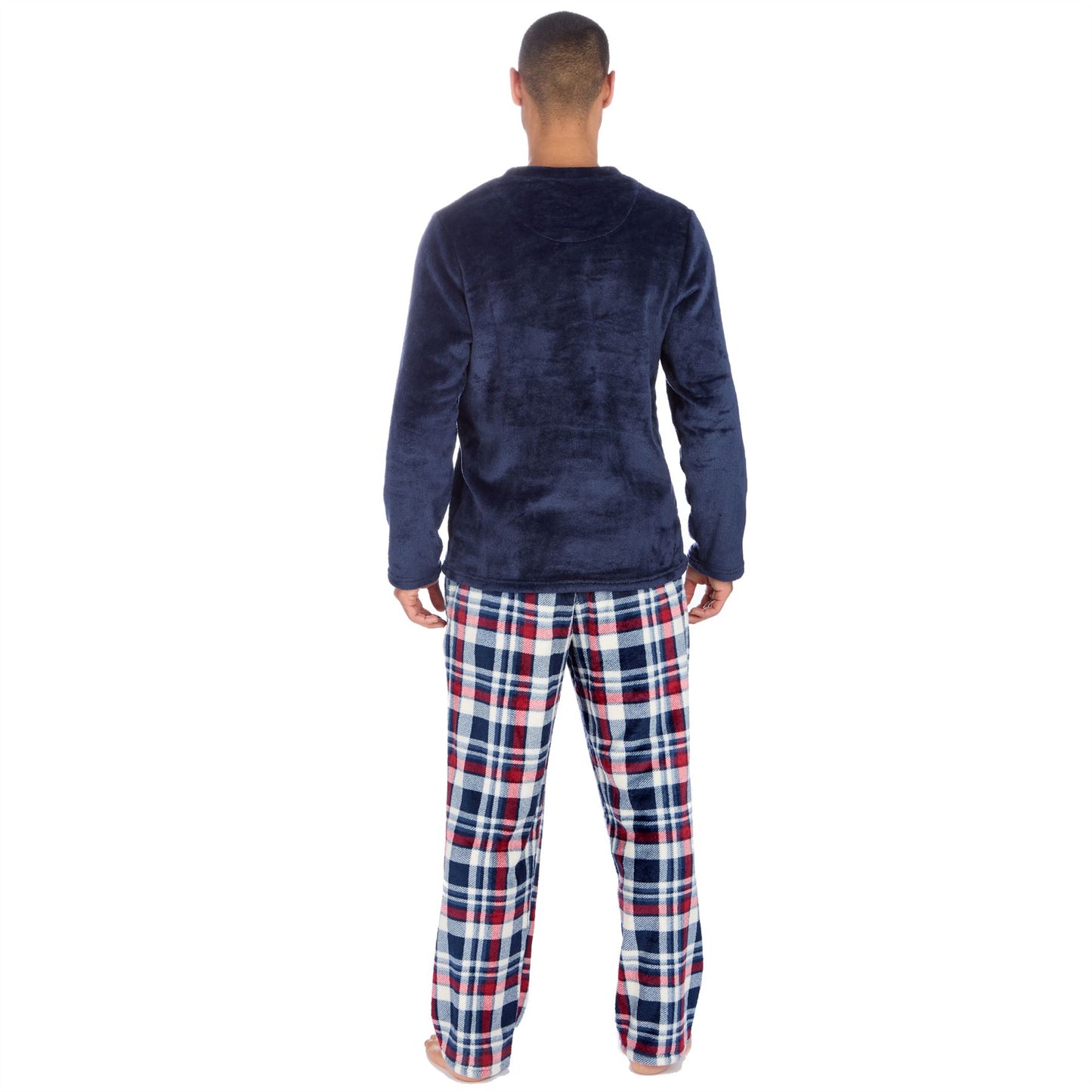 Cargo Bay Mens Fleece Check Pyjamas - Navy/Burgundy Check