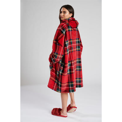 Loungeable Womens Tartan Sherpa Lined Fleece Poncho - Red Check