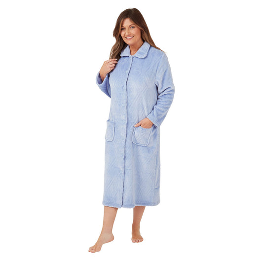 Marlon Women's Embossed Button Through Housecoat - Blue