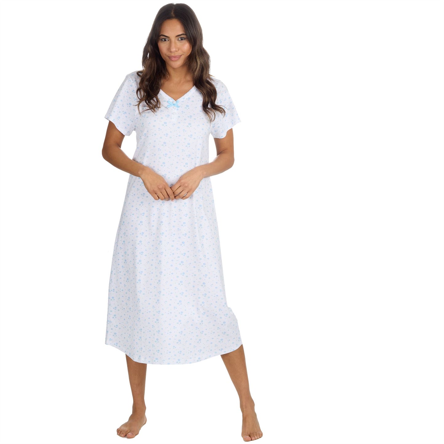 Cottonique Short Sleeve Floral Longline Nightdress - White/Blue