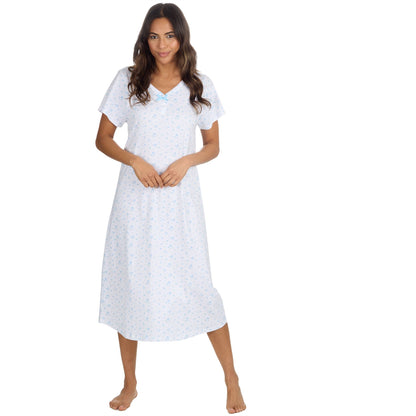 Cottonique Short Sleeve Floral Longline Nightdress - White/Blue