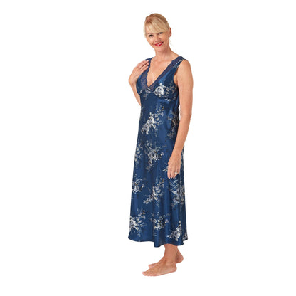 Marlon Womens Long Floral Satin Nightdress - Ocean Blue