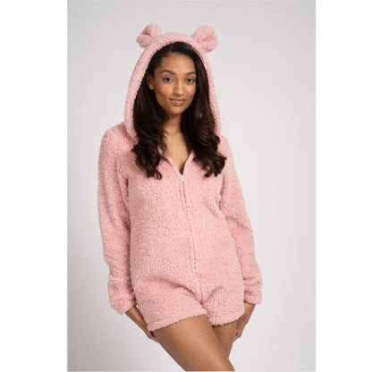 Loungeable Womens Teddy Sherpa Fleece Romper Onesie - Pink