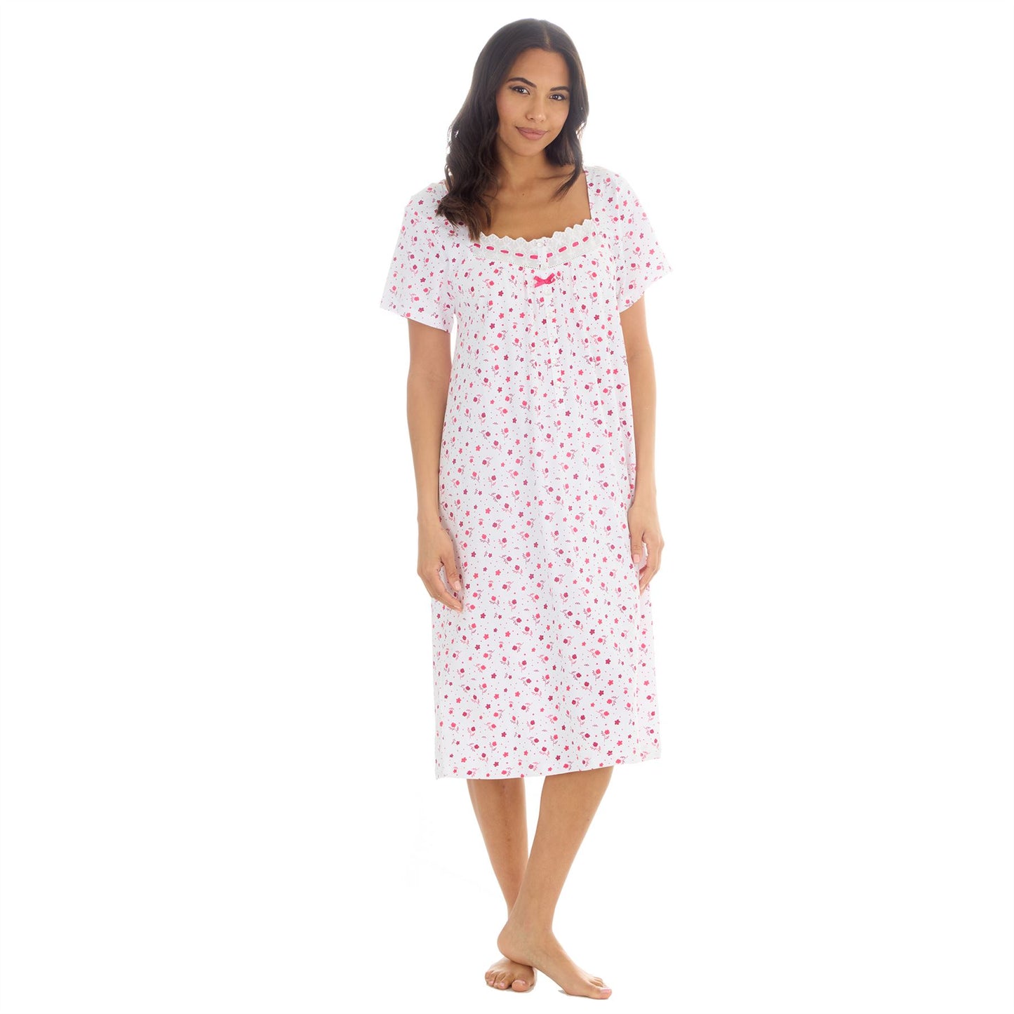Cottonique Short Sleeve Floral Nightdress - White/Berry