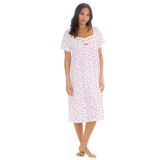 Cottonique Short Sleeve Floral Nightdress - White/Berry
