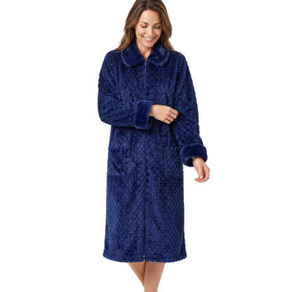 Marlon Womens Jacquard Puff Fleece Zip Robe - Navy Marlon