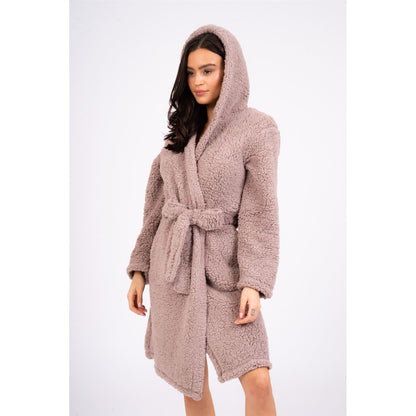 Loungeable Womens Sherpa Fleece Hooded Robe - Taupe