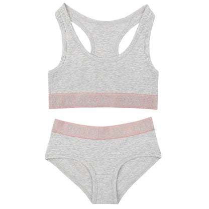 Red Melon Girls Crop Top Bra And Brief Set - Grey Marl