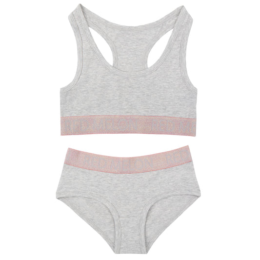 Red Melon Girls Crop Top Bra And Brief Set - Grey Marl