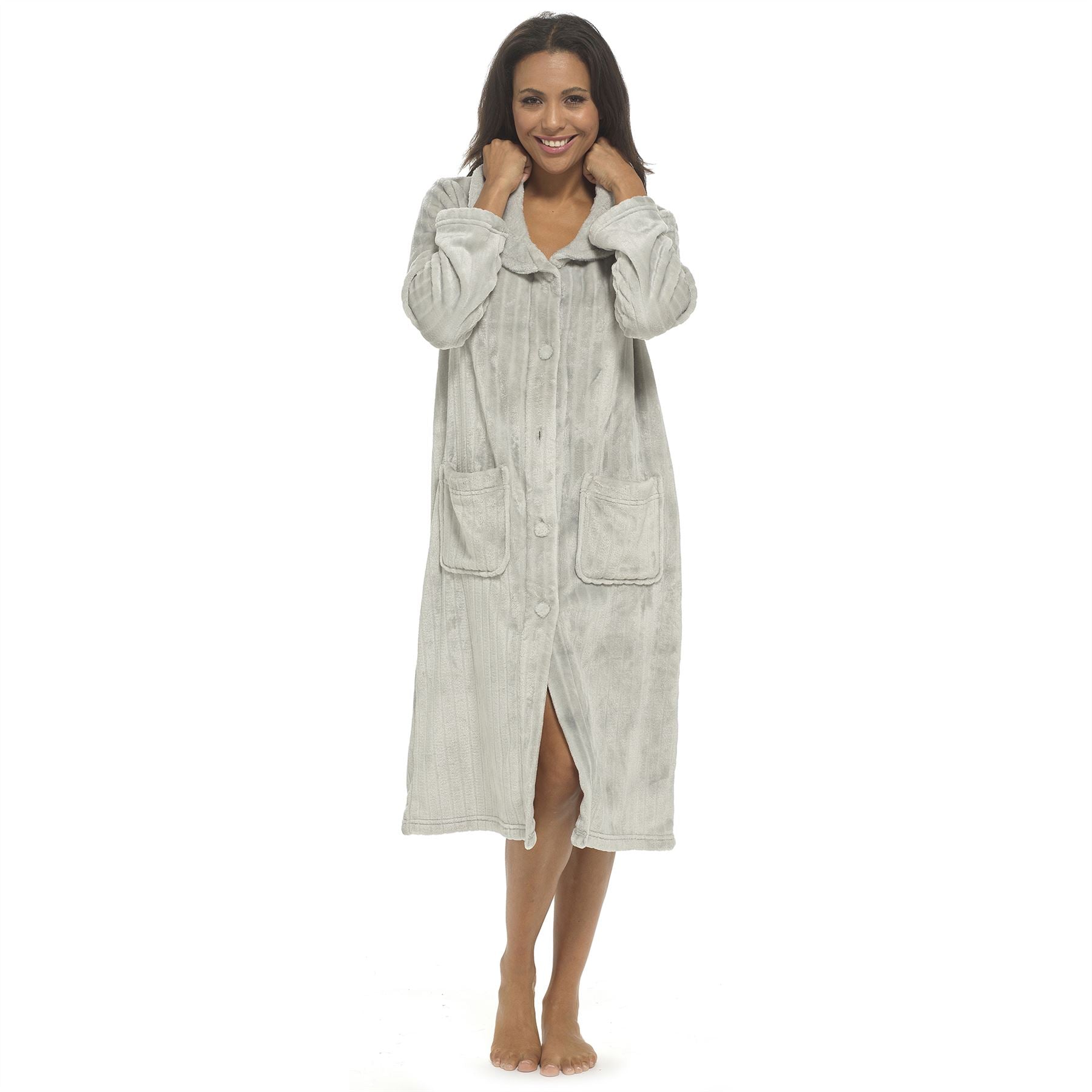 Wolf and Harte Womens Soft Touch Flannel Cut Button Robe - Grey Wolf and Harte