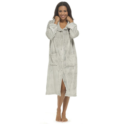 Wolf and Harte Womens Soft Touch Flannel Cut Button Robe - Grey Wolf and Harte