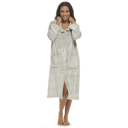 Wolf and Harte Womens Soft Touch Flannel Cut Button Robe - Grey Wolf and Harte