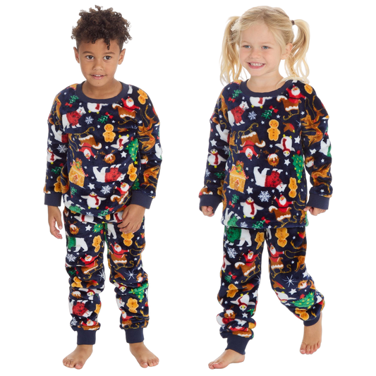 Kids All Over Print Fleece Christmas Pyjamas - Navy (2-6 Years)