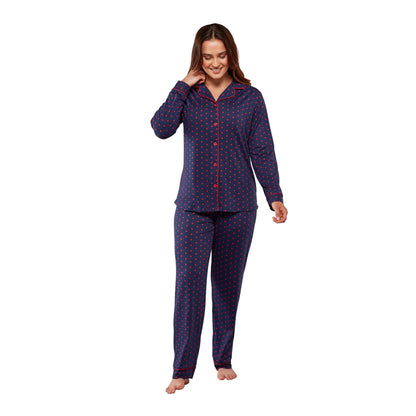 La Marquise Womens Jersey Knit Button Through Stars Pyjamas - Navy
